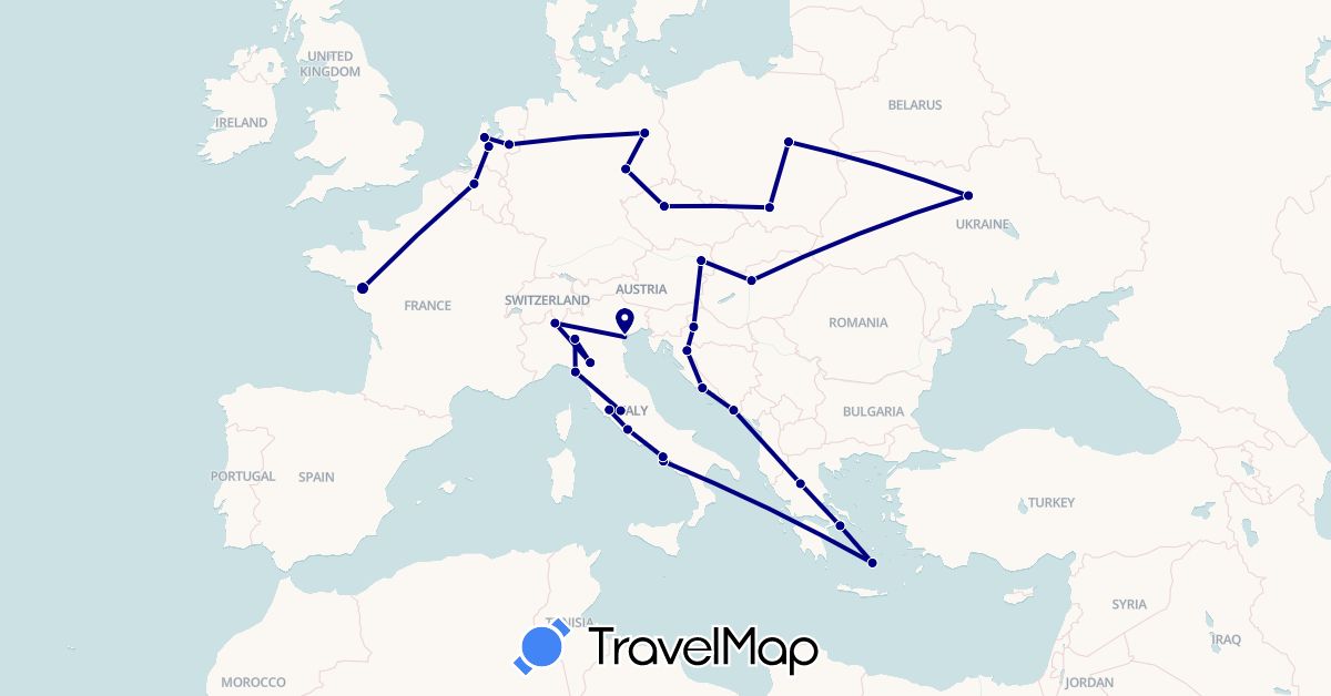 TravelMap itinerary: driving in Austria, Belgium, Czech Republic, Germany, France, Greece, Croatia, Hungary, Italy, Netherlands, Poland, Ukraine (Europe)